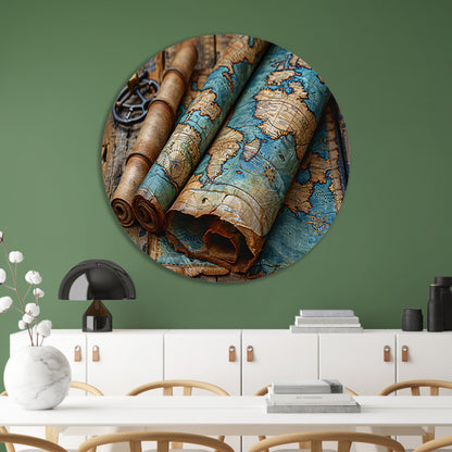 Opgerolde Wereldkaart op Houten Tafel. forex muurcirkel