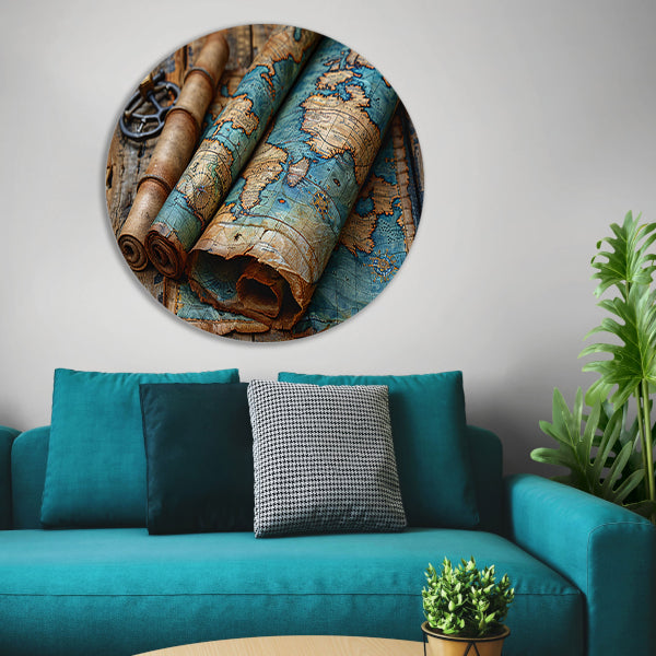 Opgerolde Wereldkaart op Houten Tafel. forex muurcirkel