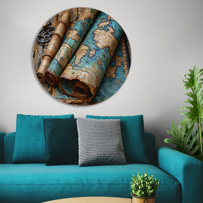 Opgerolde Wereldkaart op Houten Tafel. forex muurcirkel