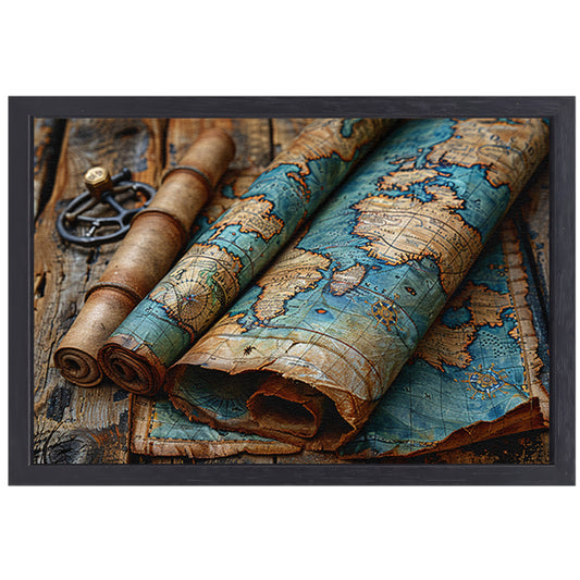 Opgerolde Wereldkaart op Houten Tafel. canvas met baklijst