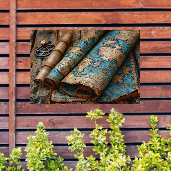 Opgerolde Wereldkaart op Houten Tafel. tuinposter