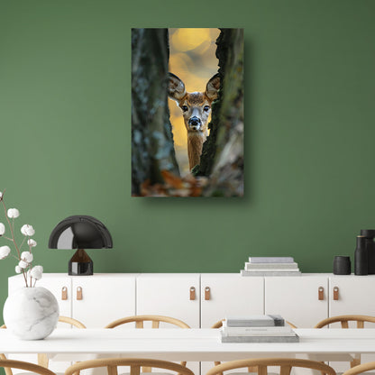 Jonge hert kijkt tussen bomen in herfstbos poster