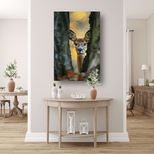 Jonge hert kijkt tussen bomen in herfstbos poster