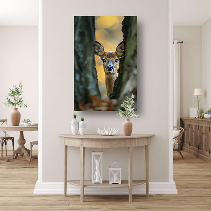Jonge hert kijkt tussen bomen in herfstbos poster