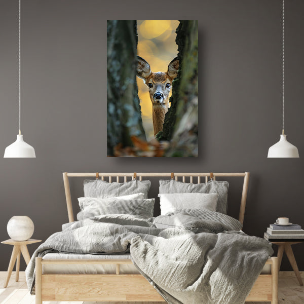 Jonge hert kijkt tussen bomen in herfstbos poster