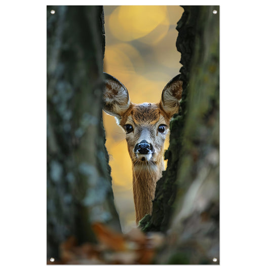 Jonge hert kijkt tussen bomen in herfstbos tuinposter