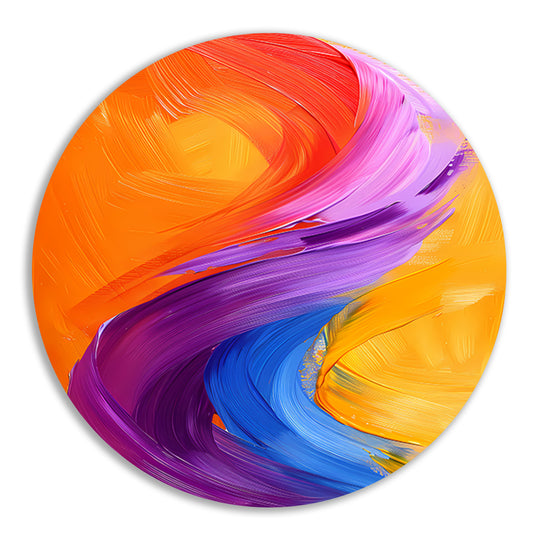 Kleurrijk abstract schilderij met dynamische vormen aluminium muurcirkel