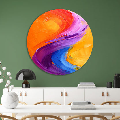 Kleurrijk abstract schilderij met dynamische vormen aluminium muurcirkel