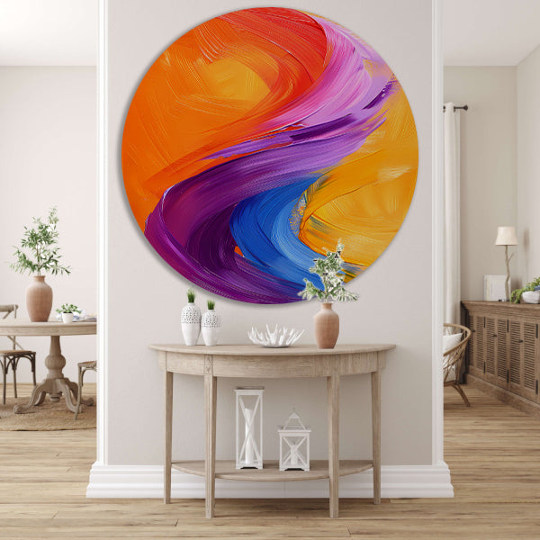 Kleurrijk abstract schilderij met dynamische vormen aluminium muurcirkel