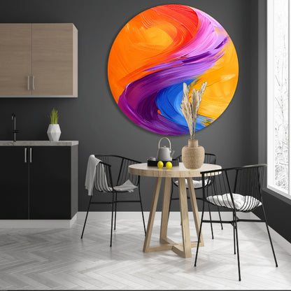 Kleurrijk abstract schilderij met dynamische vormen aluminium muurcirkel