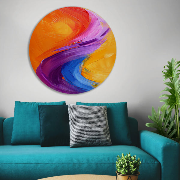 Kleurrijk abstract schilderij met dynamische vormen forex muurcirkel