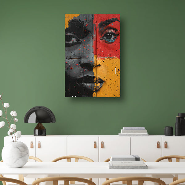 Gesplitst Gezicht met Kleurrijk Verfspetters canvas met baklijst