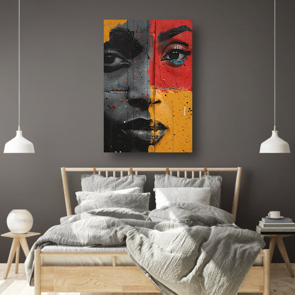 Gesplitst Gezicht met Kleurrijk Verfspetters canvas met baklijst