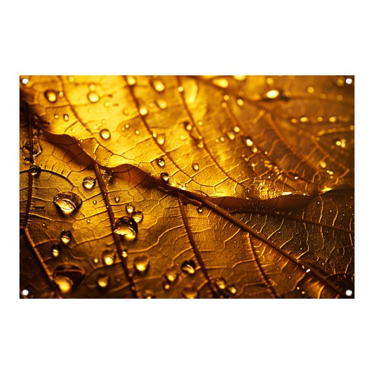 Waterdruppels op goudkleurig blad in detail tuinposter