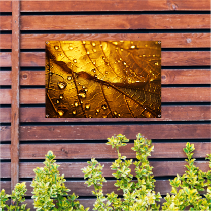Waterdruppels op goudkleurig blad in detail tuinposter