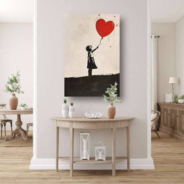 Jong meisje met rood hartballon canvas met baklijst