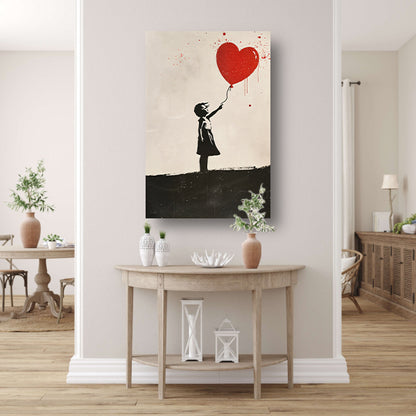 Jong meisje met rood hartballon canvas met baklijst