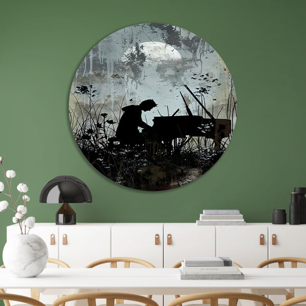 Silhouet pianist onder maanlicht   forex muurcirkel