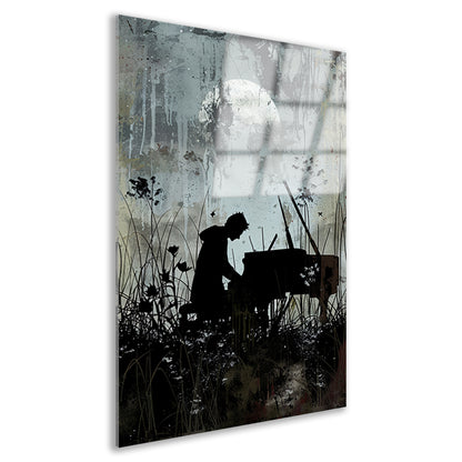 Silhouet pianist onder maanlicht acrylglas