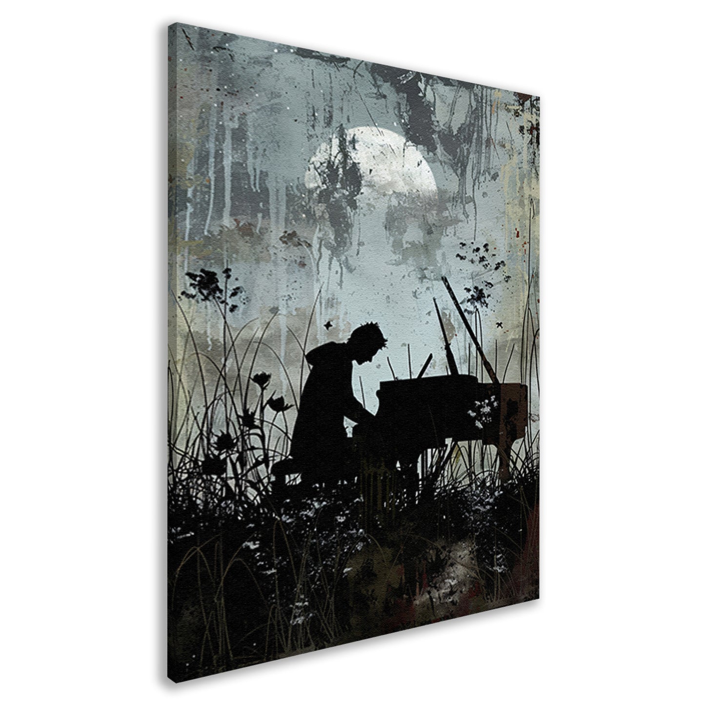 Silhouet pianist onder maanlicht   canvas