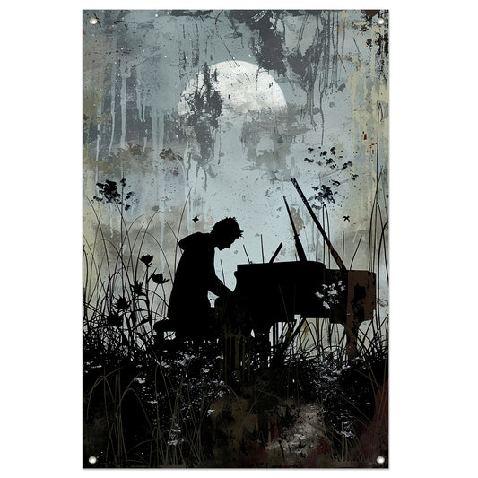 Silhouet pianist onder maanlicht   tuinposter