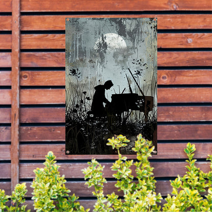 Silhouet pianist onder maanlicht   tuinposter