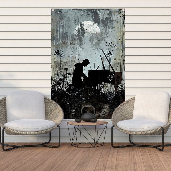 Silhouet pianist onder maanlicht   tuinposter