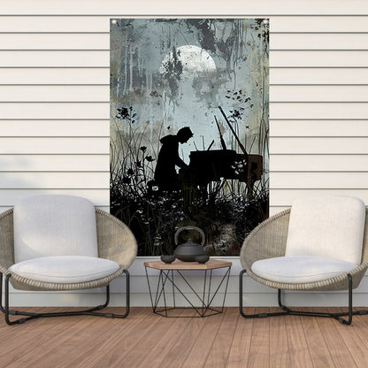 Silhouet pianist onder maanlicht   tuinposter