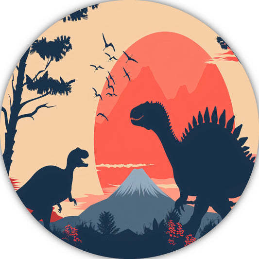 Silhouetten van dinos in prehistorisch landschap aluminium muurcirkel