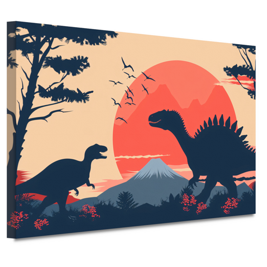 Silhouetten van dinos in prehistorisch landschap canvas