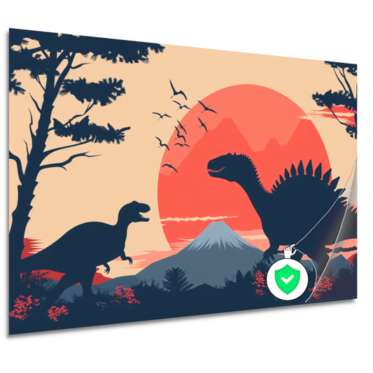 Silhouetten van dinos in prehistorisch landschap poster
