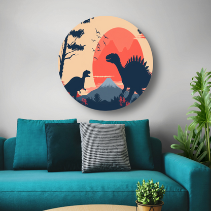 Silhouetten van dinos in prehistorisch landschap aluminium muurcirkel