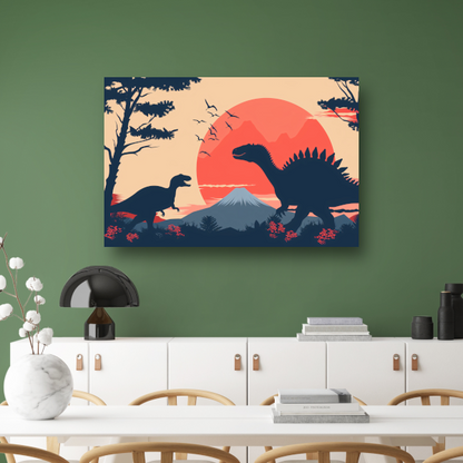 Silhouetten van dinos in prehistorisch landschap poster
