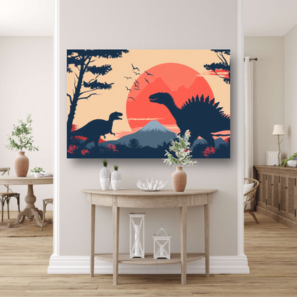 Silhouetten van dinos in prehistorisch landschap poster