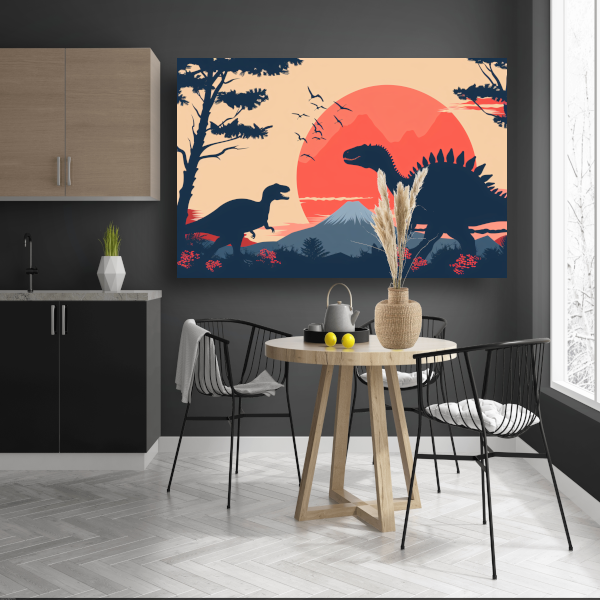 Silhouetten van dinos in prehistorisch landschap poster