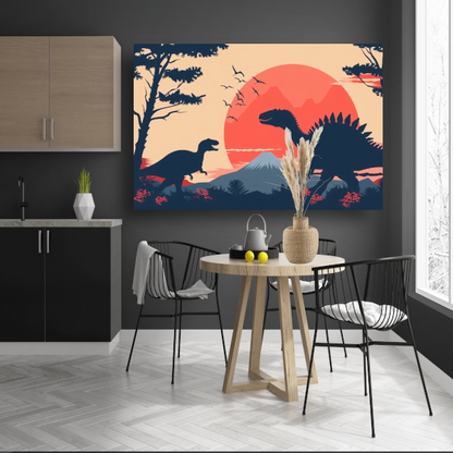 Silhouetten van dinos in prehistorisch landschap poster
