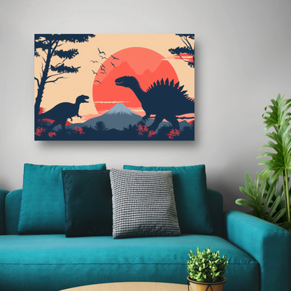 Silhouetten van dinos in prehistorisch landschap poster