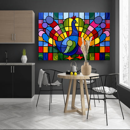 Kleurrijk abstract pauwen schilderij op glasposter