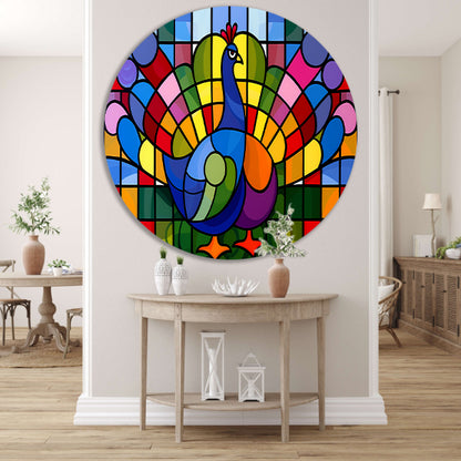 Kleurrijk abstract pauwen schilderij op glas aluminium muurcirkel