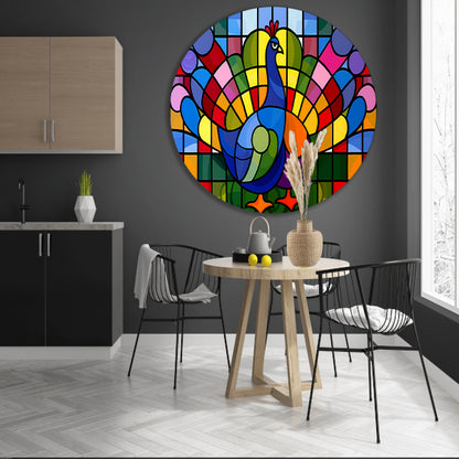 Kleurrijk abstract pauwen schilderij op glas aluminium muurcirkel