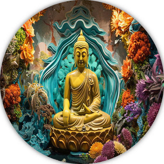 Serene Boeddha Omgeven door Levendige Bloemen aluminium muurcirkel
