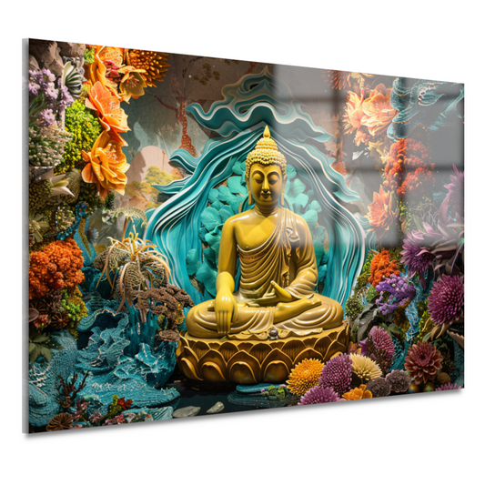 Serene Boeddha Omgeven door Levendige Bloemen acrylglas