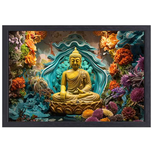 Serene Boeddha Omgeven door Levendige Bloemen canvas met baklijst