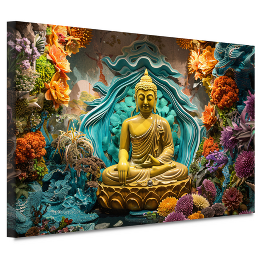 Serene Boeddha Omgeven door Levendige Bloemen canvas