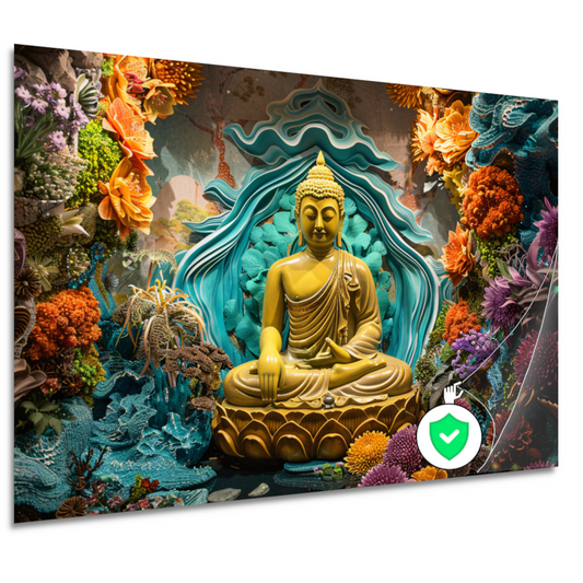 Serene Boeddha Omgeven door Levendige Bloemen poster