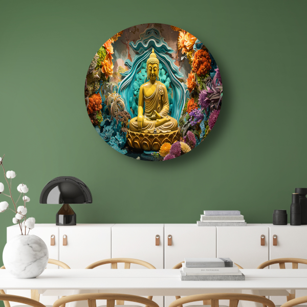Serene Boeddha Omgeven door Levendige Bloemen aluminium muurcirkel