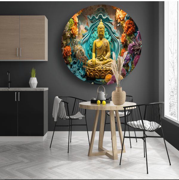 Serene Boeddha Omgeven door Levendige Bloemen aluminium muurcirkel
