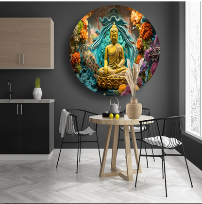 Serene Boeddha Omgeven door Levendige Bloemen aluminium muurcirkel