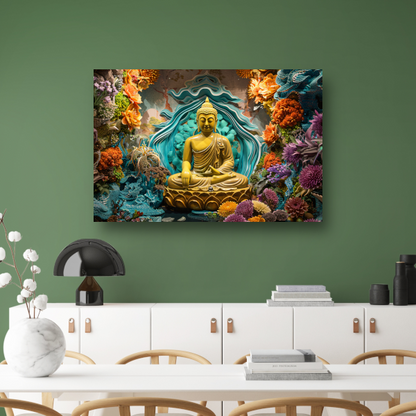 Serene Boeddha Omgeven door Levendige Bloemen canvas