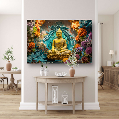 Serene Boeddha Omgeven door Levendige Bloemen canvas